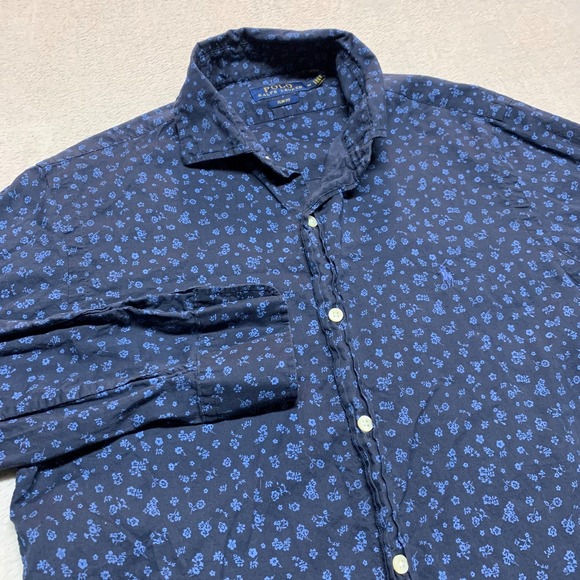 Polo Ralph Lauren Shirt Men's M Slim Fit Blue Floral Print Long Sleeve Button Up - Picture 1 of 7